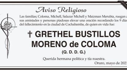 Aviso Religioso de Grethel Bustillos Moreno