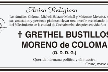 Aviso Religioso de Grethel Bustillos Moreno