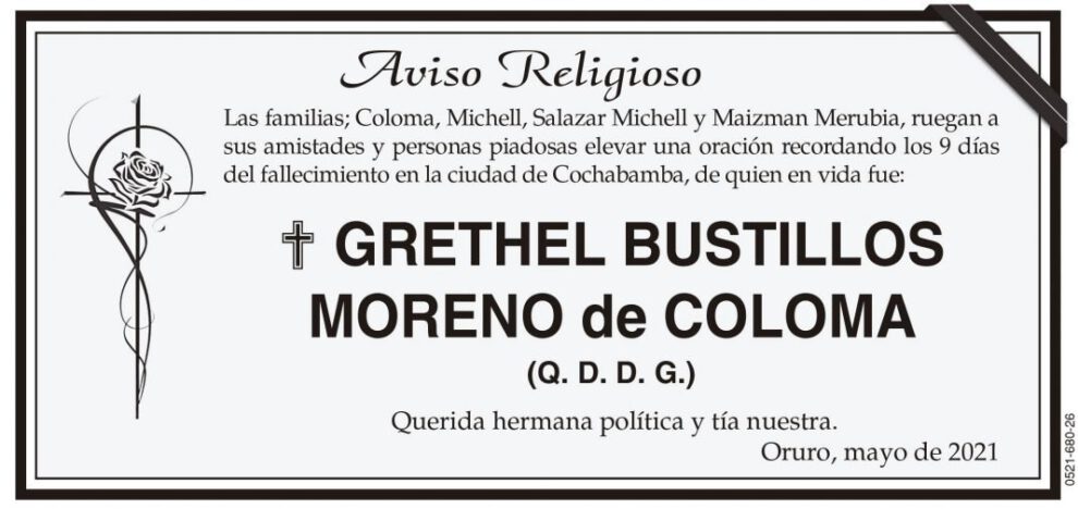 Aviso Religioso de Grethel Bustillos Moreno