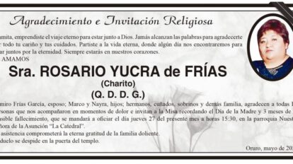 Agradecimiento e Invitación Religiosa por Rosario Yucra de Frías