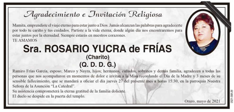 Agradecimiento e Invitación Religiosa por Rosario Yucra de Frías