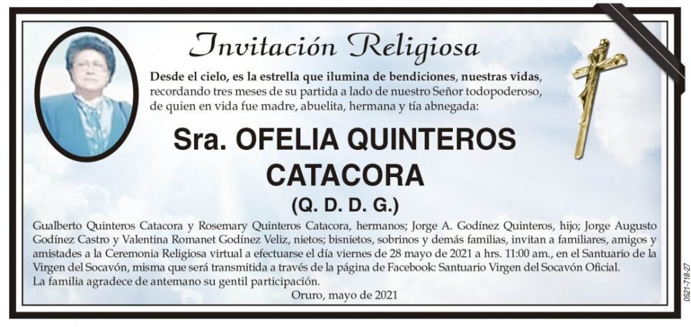 Invitación Religiosa para Ofelia Quinteros Catacora
