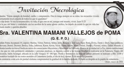 Invitación Necrológica: Sra. Valentina Mamani Vallejos