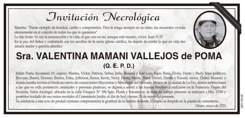 Invitación Necrológica: Sra. Valentina Mamani Vallejos