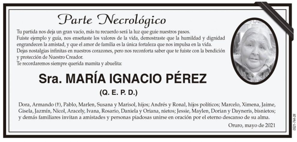 Necrológico de María Ignacio Pérez