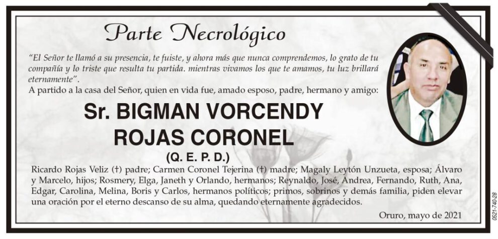 Parte Necrológico de Bigman Vorcendy Rojas Coronel