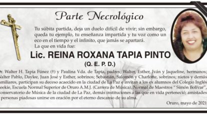 Necrológico de Lic. Reina Roxana Tapia Pinto