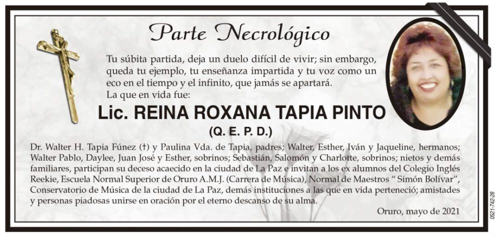Necrológico de Lic. Reina Roxana Tapia Pinto