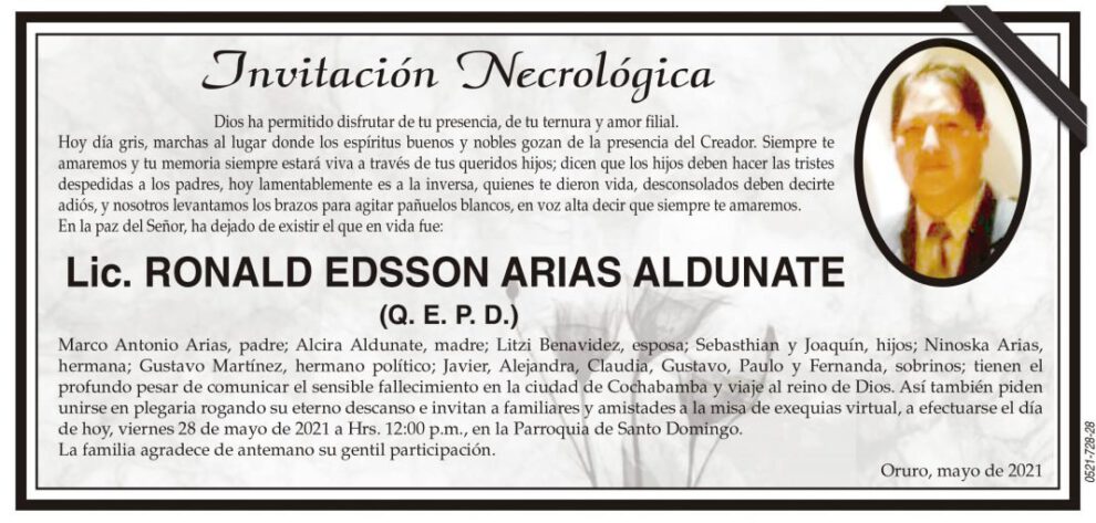 Invitación Necrológica: Lic. Ronald Edsson Arias Aldunate