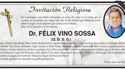 Invitación religiosa en memoria del Dr. Félix Vino Sossa