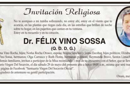 Invitación religiosa en memoria del Dr. Félix Vino Sossa
