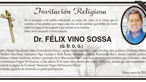 Invitación religiosa en memoria del Dr. Félix Vino Sossa