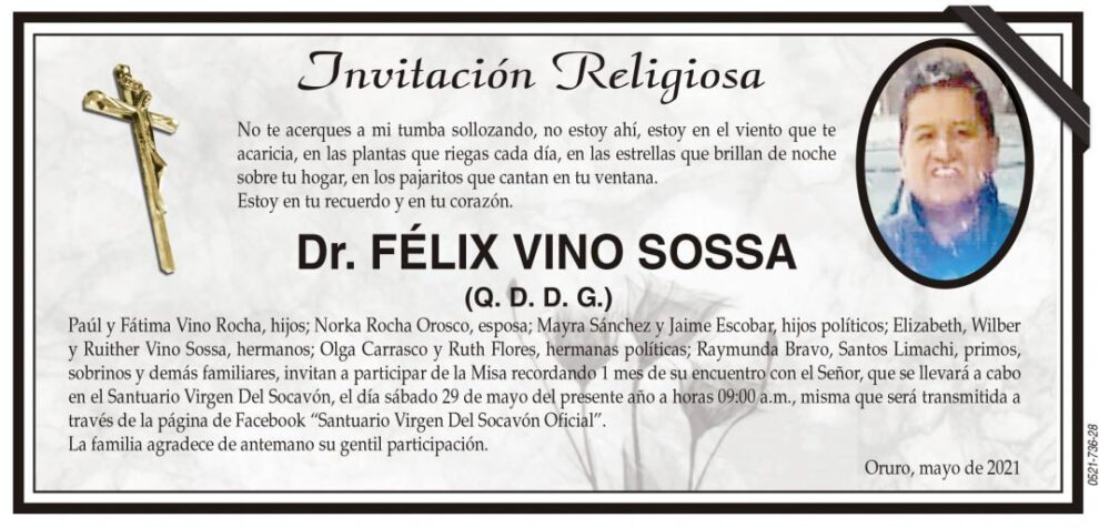 Invitación religiosa en memoria del Dr. Félix Vino Sossa