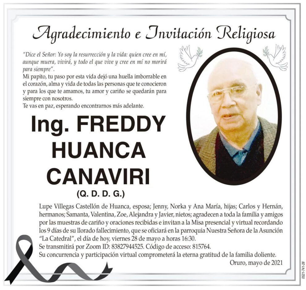 Agradecimiento e Invitación Religiosa por Ing. Freddy Huanca Canaviri