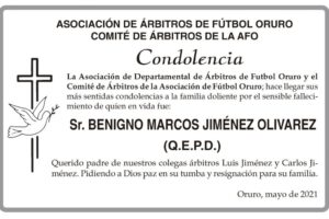 Condolencias por el fallecimiento de Benigno Marcos Jiménez Olivarez