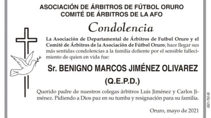 Condolencias por el fallecimiento de Benigno Marcos Jiménez Olivarez