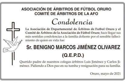 Condolencias por el fallecimiento de Benigno Marcos Jiménez Olivarez