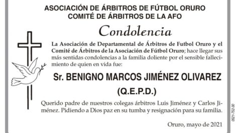 Condolencias por el fallecimiento de Benigno Marcos Jiménez Olivarez