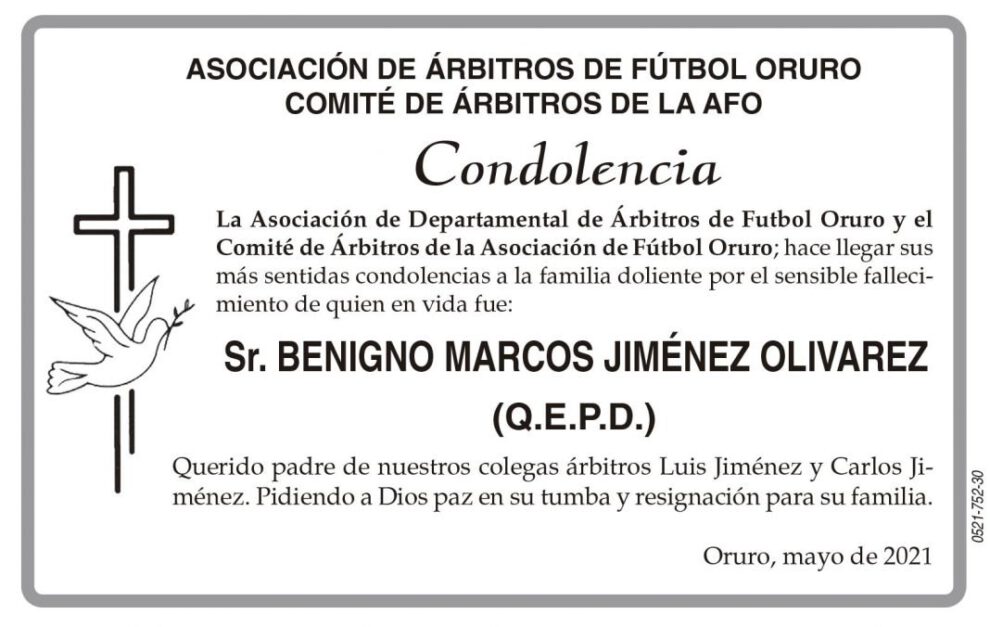 Condolencias por el fallecimiento de Benigno Marcos Jiménez Olivarez