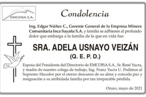 Condolencia por la Sra. Adela Usnayo Veizán