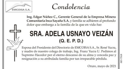 Condolencia por la Sra. Adela Usnayo Veizán