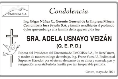 Condolencia por la Sra. Adela Usnayo Veizán