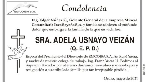 Condolencia por la Sra. Adela Usnayo Veizán