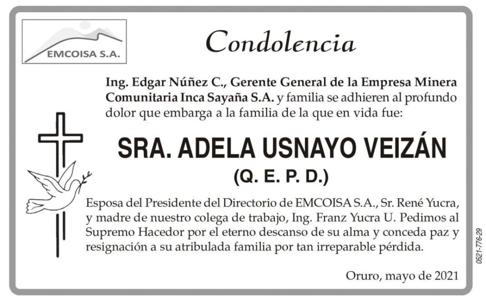 Condolencia por la Sra. Adela Usnayo Veizán
