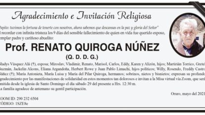 Agradecimiento e Invitación Religiosa: Prof. Renato Quiroga Núñez