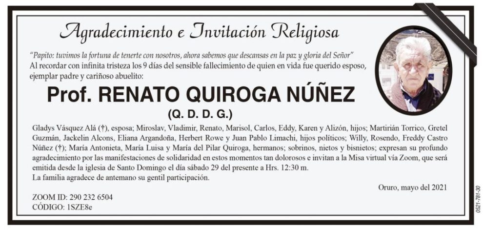 Agradecimiento e Invitación Religiosa: Prof. Renato Quiroga Núñez