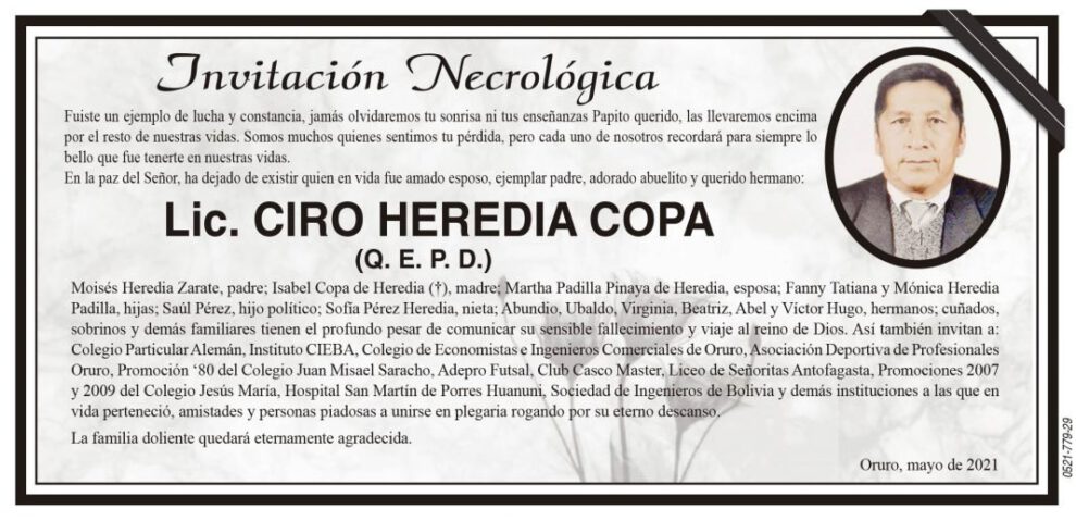 Necrológica de Lic. Ciro Heredia Copa