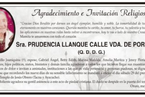 Agradecimiento e Invitación Religiosa: Prudencia Llanque Calle Vda. de Portillo