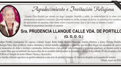 Agradecimiento e Invitación Religiosa: Prudencia Llanque Calle Vda. de Portillo