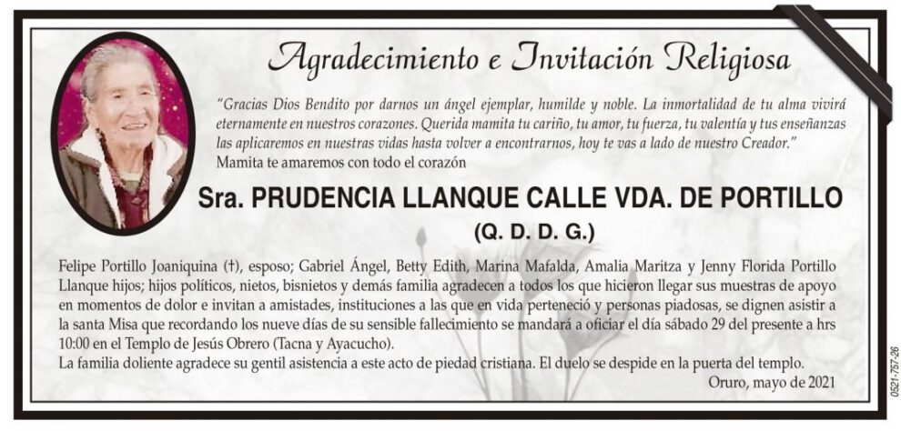 Agradecimiento e Invitación Religiosa: Prudencia Llanque Calle Vda. de Portillo