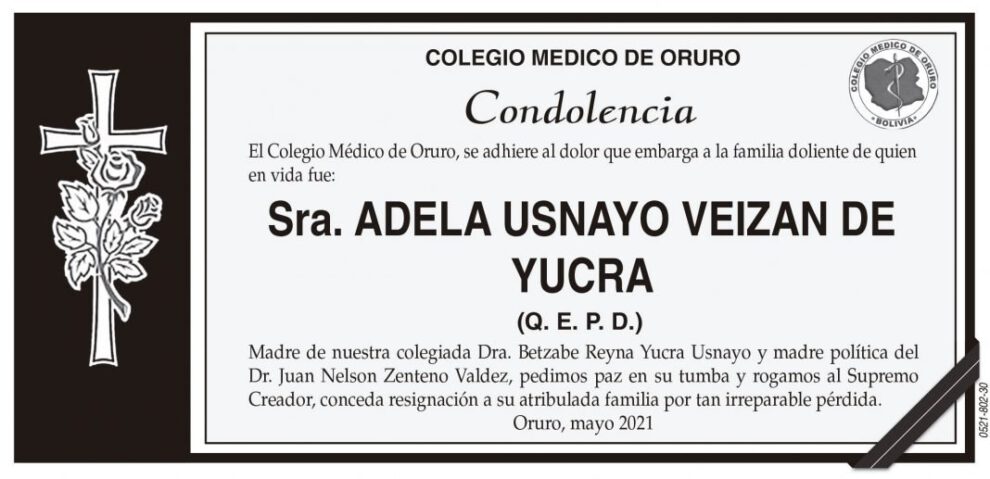 Condolencia por la Sra. Adela Usnayo Veizan de Yucra