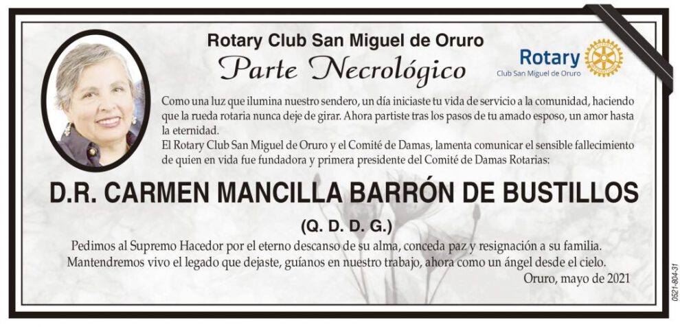 Parte Necrológico de D.R. Carmen Mancilla Barrón de Bustillos