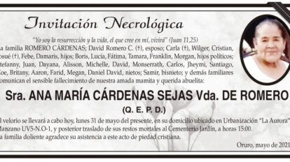 Invitación Necrológica de Ana María Cárdenas Sejas