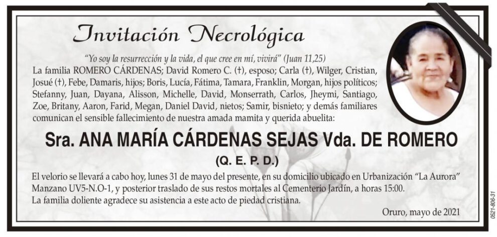Invitación Necrológica de Ana María Cárdenas Sejas