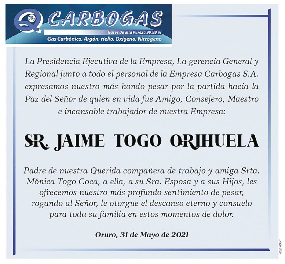 Obituario de Jaime Togo Orihuela