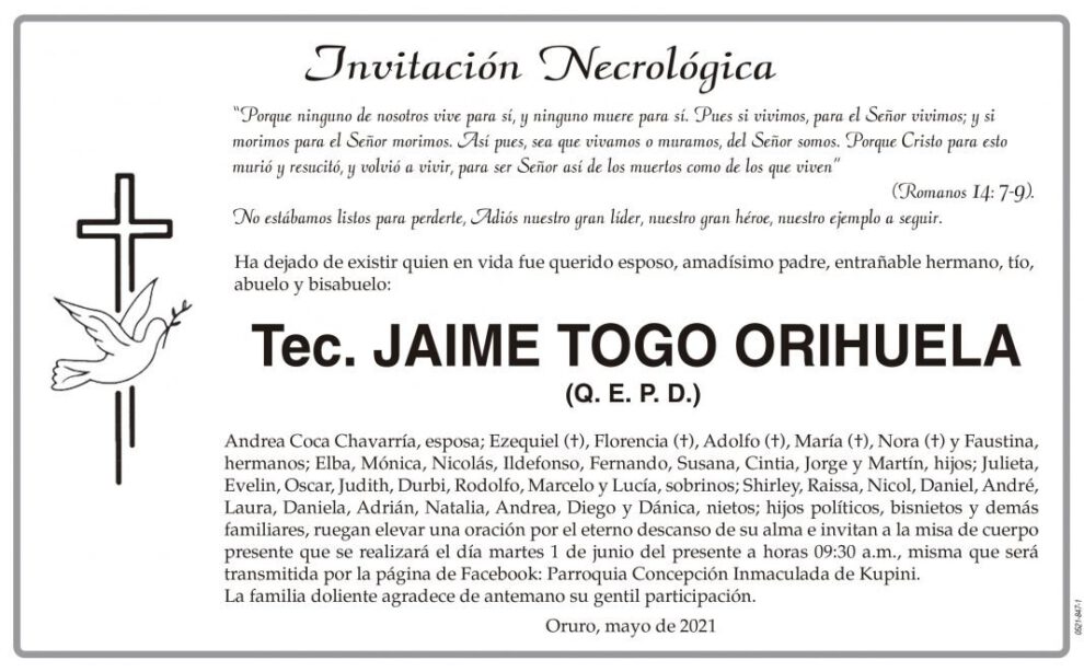Invitación Necrológica: Tec. JAIME TOGO ORIHUELA