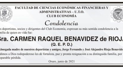 Condolencia por la Sra. Carmen Raquel Benavidez de Rioja