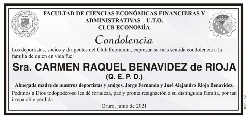 Condolencia por la Sra. Carmen Raquel Benavidez de Rioja