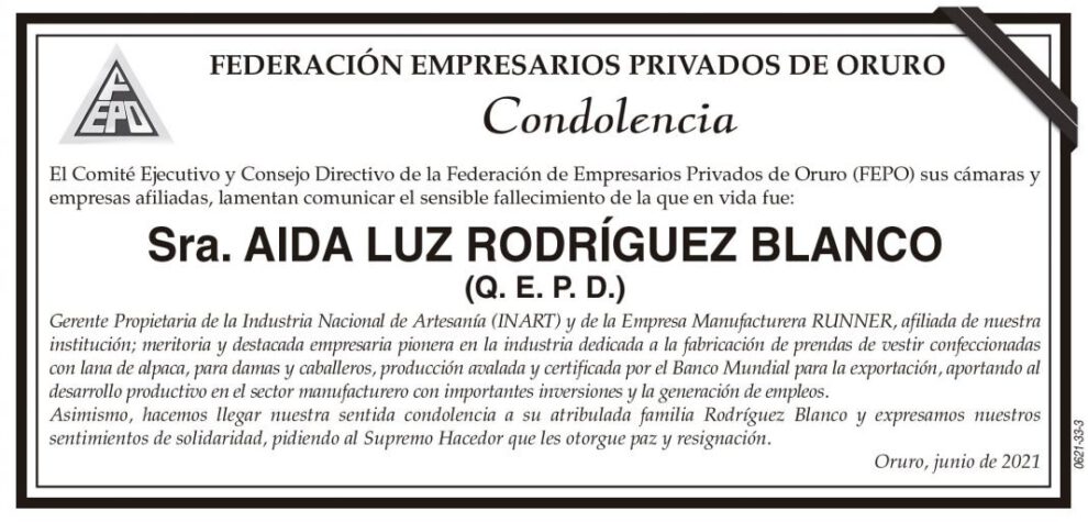 Condolencia por el fallecimiento de Aida Luz Rodríguez Blanco