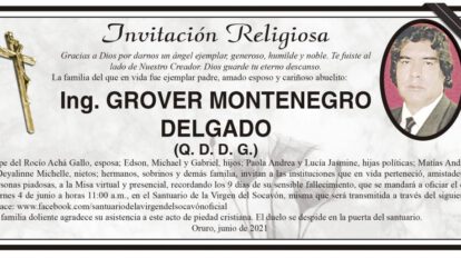 Invitación Religiosa para Ing. Grover Montenegro Delgado
