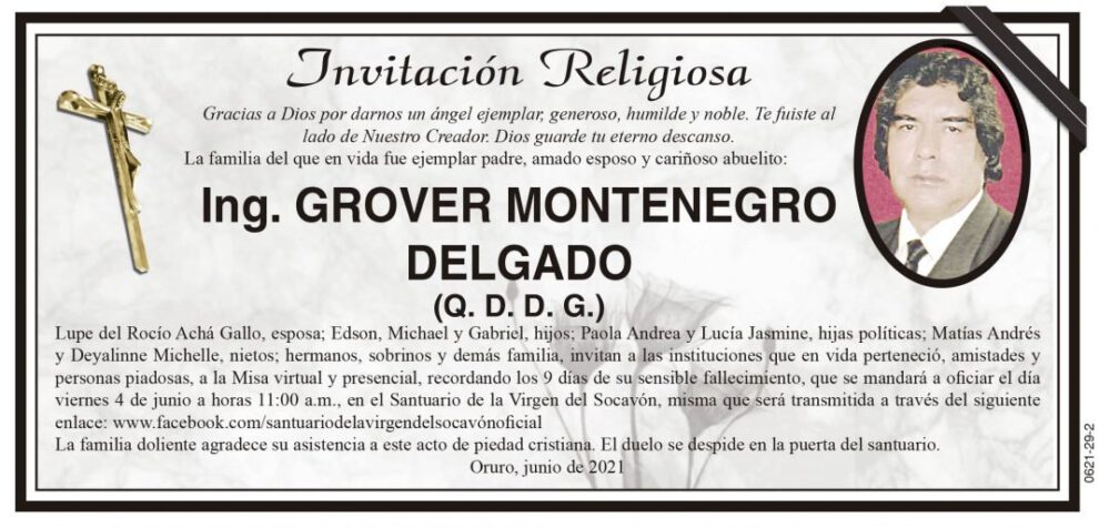 Invitación Religiosa para Ing. Grover Montenegro Delgado