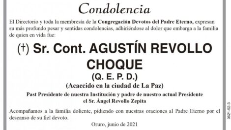 Condolencia por el fallecimiento de Agustín Revollo Choque