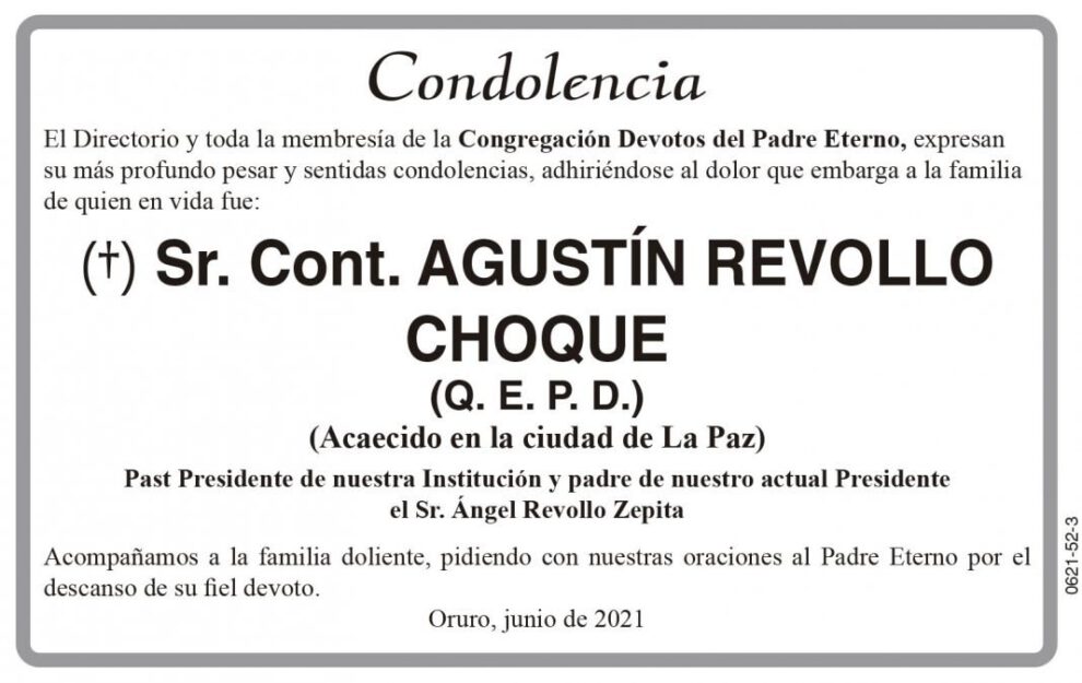 Condolencia por el fallecimiento de Agustín Revollo Choque