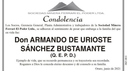 Condolencia por Armando de Urioste Sánchez Bustamante