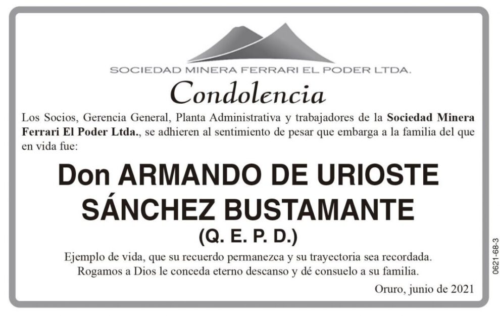 Condolencia por Armando de Urioste Sánchez Bustamante