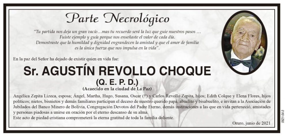 Parte Necrológico de Agustín Revollo Choque